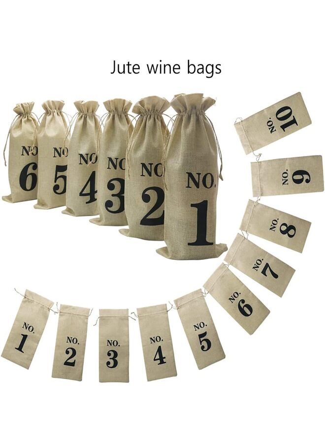 LAMAY 10pcs Jute Wine Bags, 14 x 6 1/4 inches Hessian Numbered Wine Bottle Gift Bags with Drawstring for Blind Wine Tasting (Brown) - Image 5